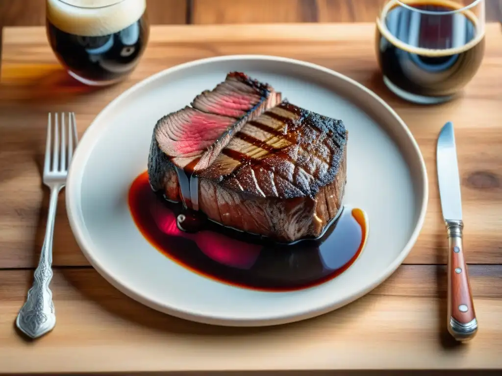 Un exquisito maridaje cerveza carne perfecta: un jugoso filete de venado a la parrilla con una stout oscura