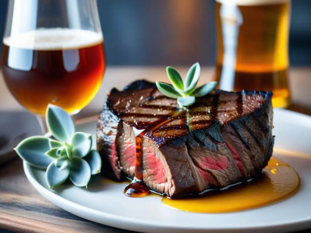 Exquisito maridaje cerveza carne perfecta: jugoso filete medio término con hierbas frescas y cerveza artesanal