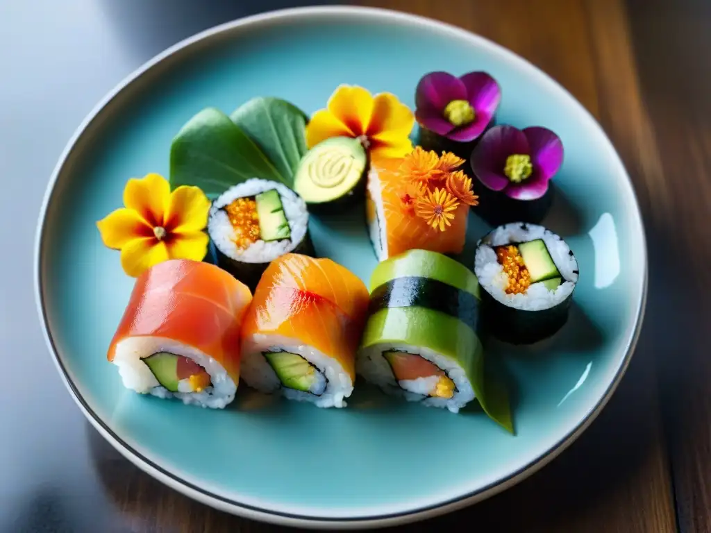 Un exquisito maridaje de cerveza de trigo con sushi: rolls de sashimi fresco, aguacate, arroz y flores comestibles