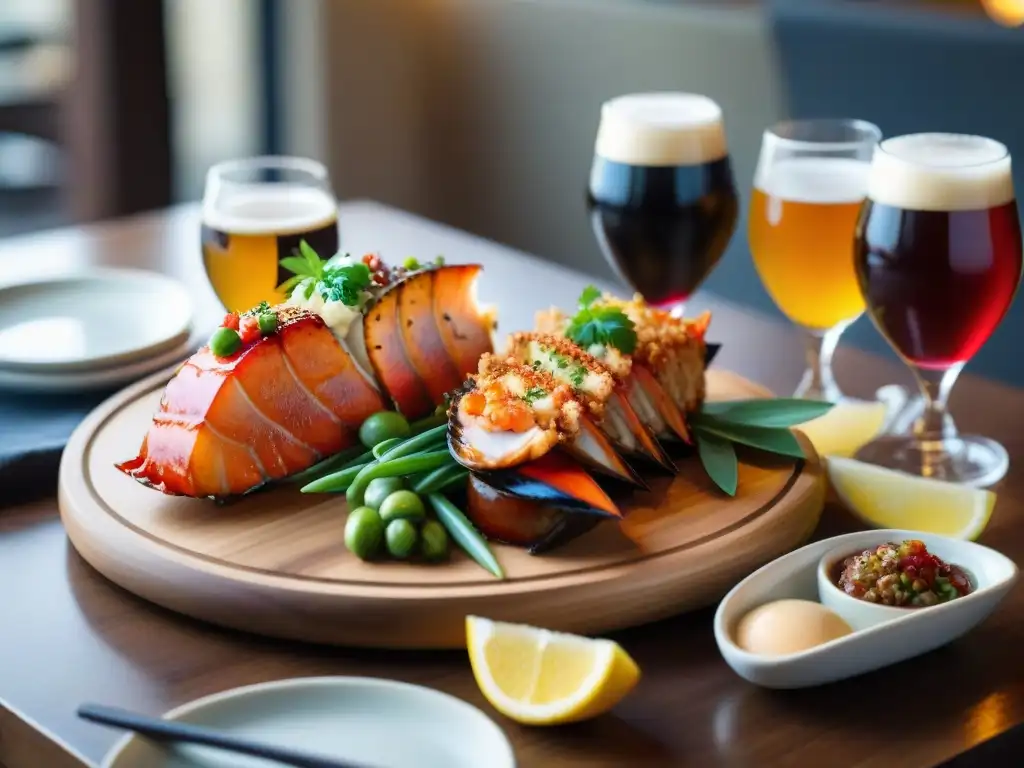 Exquisito maridaje cervezas pescados gourmet en plato de madera elegante con variedad de mariscos y cervezas artesanales