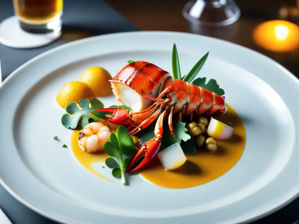 Exquisito maridaje cervezas pescados gourmet con langosta, vieiras y camarones en elegante presentación