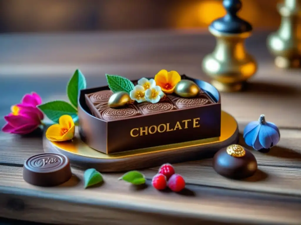 Un exquisito maridaje: chocolates artesanales decorados con elegancia sobre tabla de madera