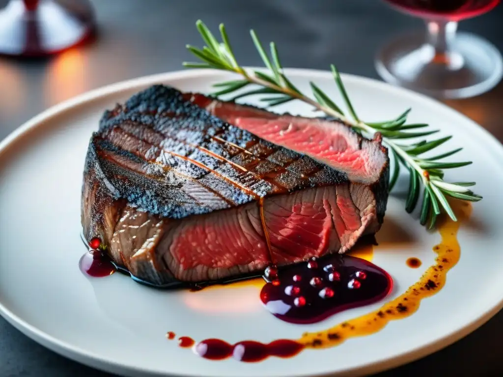 Exquisito maridaje: filete Wagyu medio raro con Malbec en copa de cristal, en mesa elegante