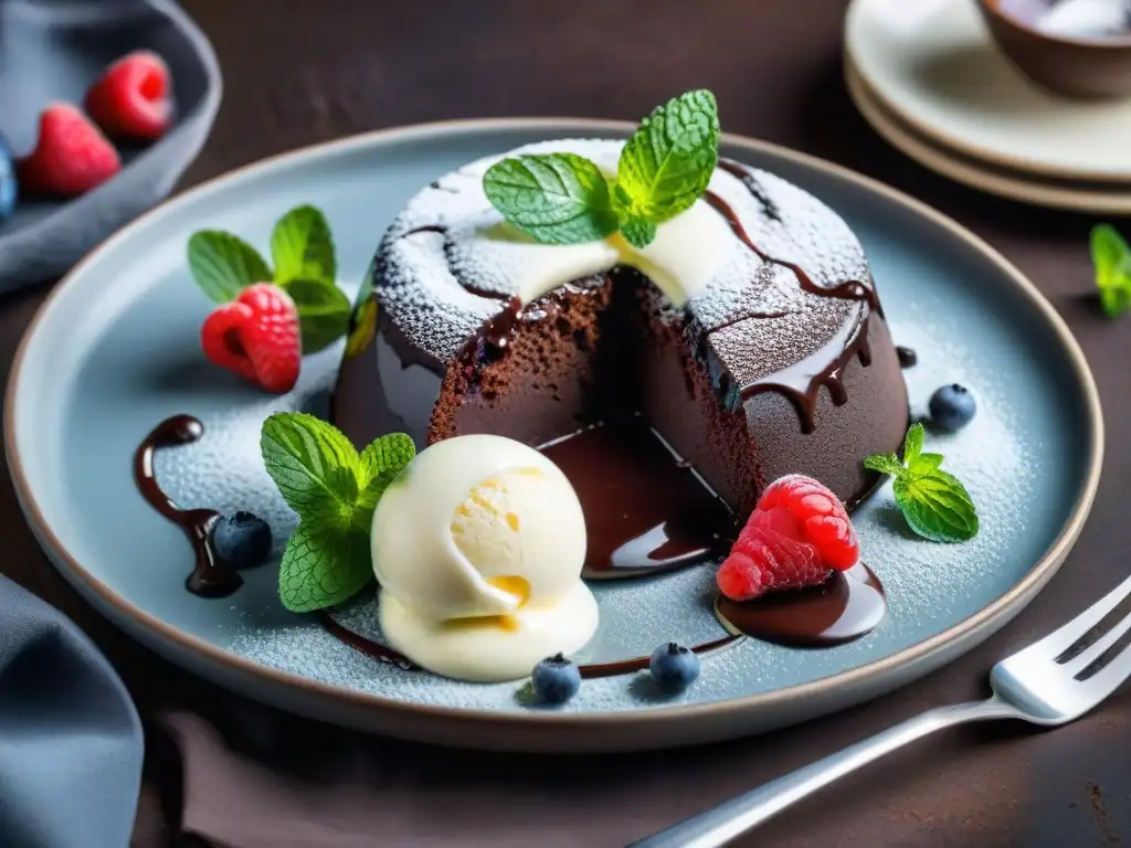 Un exquisito maridaje helado en un postre gourmet: lava cake de chocolate con helado de vainilla, frutas y coulis de frambuesa