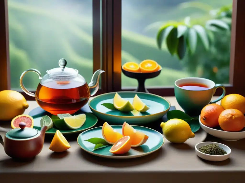 Un exquisito maridaje de té con platos ácidos en una mesa elegante y vibrante, bañada por luz natural