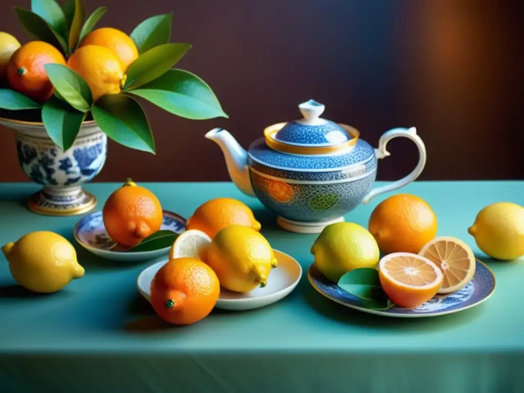 Un exquisito maridaje de té con platos ácidos, delicadamente presentado en una mesa con cítricos frescos y té en tazas elegantes