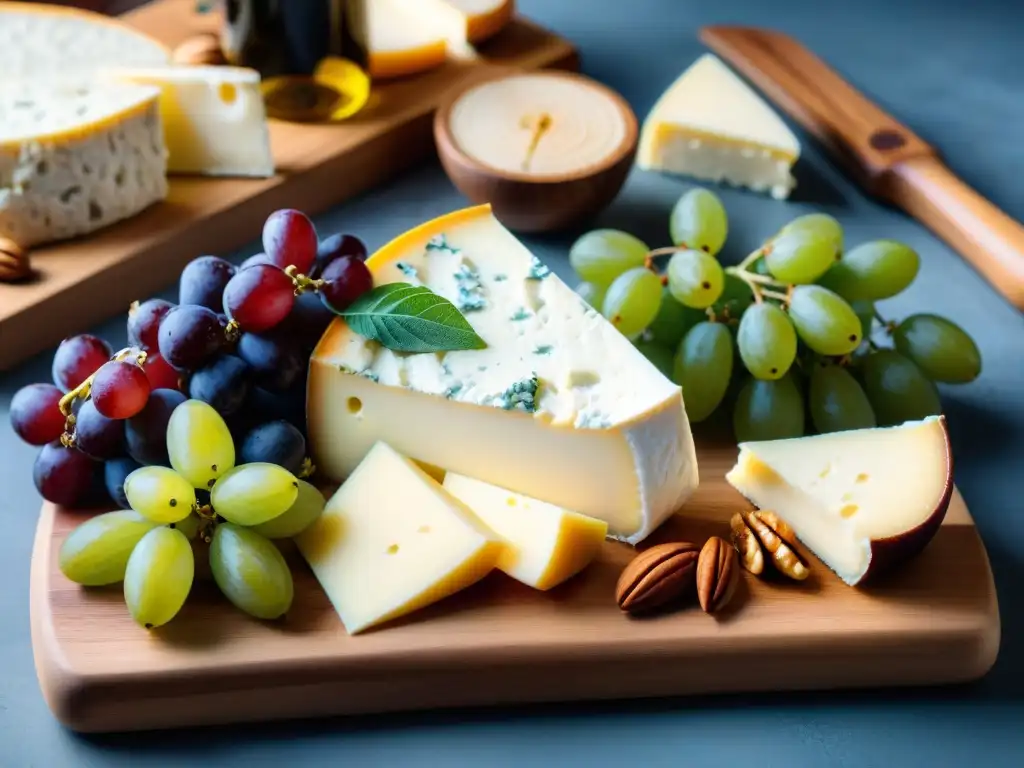 Un exquisito maridaje vino queso gourmet con Brie, Gouda y Blue Cheese, uvas, crackers, higos y miel, elegante y sofisticado