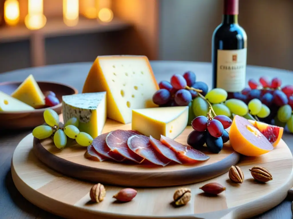 Un exquisito maridaje de quesos ahumados y vinos de cuerpo, resaltando texturas y colores en una tabla de embutidos de madera