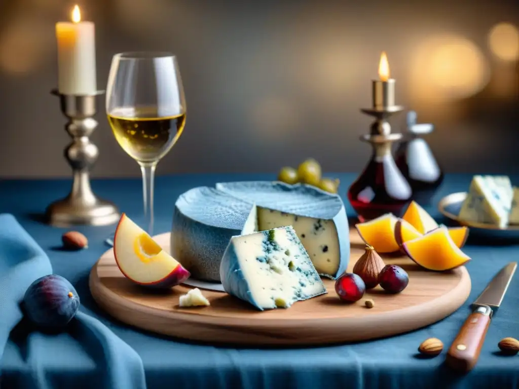 Exquisito maridaje de quesos azules y vinos dulces en mesa elegante con velas