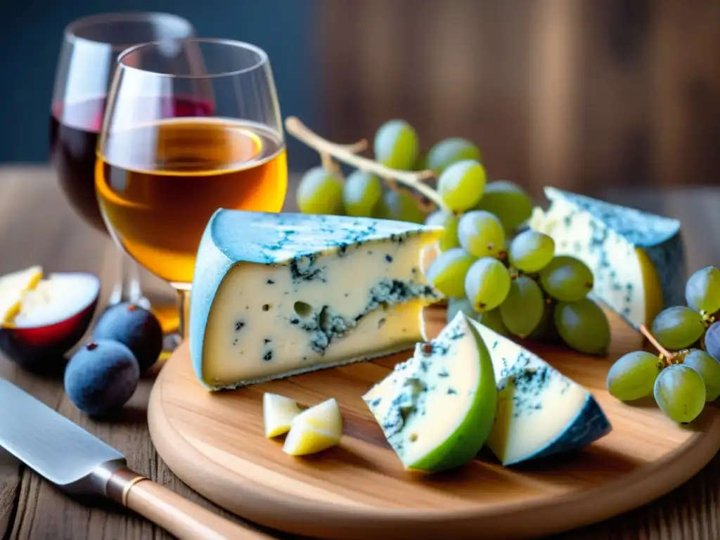 Un exquisito maridaje de quesos azules y vinos dulces, presentado con elegancia en una tabla de madera rústica