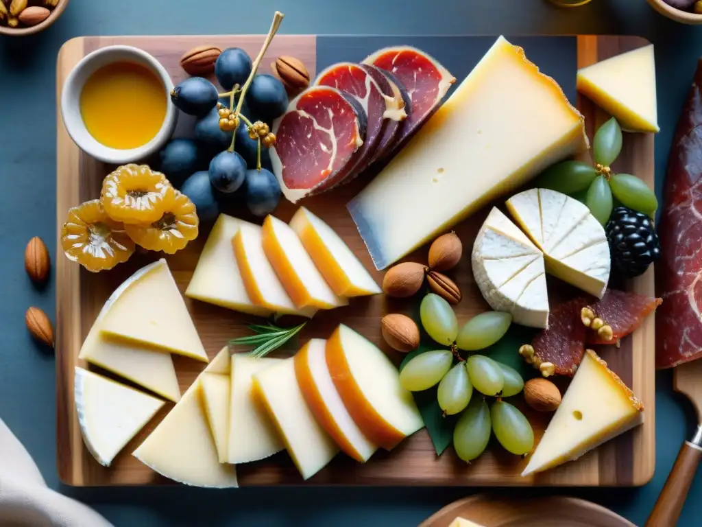 Un exquisito maridaje de quesos, embutidos, frutas y miel en tabla de madera