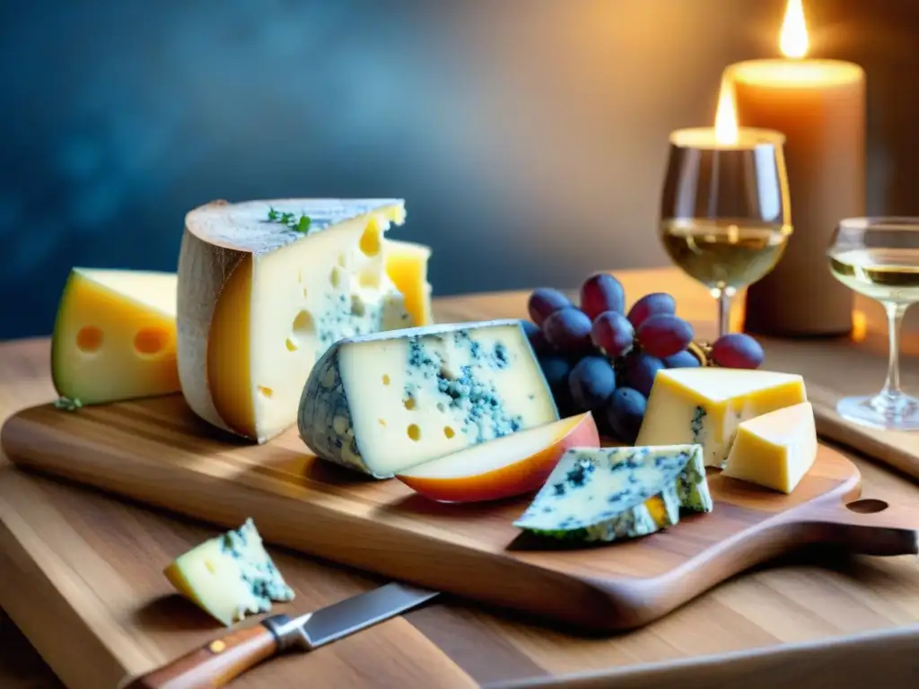 Exquisito maridaje quesos vino gourmet: tabla de quesos rústica con variedad de quesos azules y uvas, acompañada de vinos dulces en copas de cristal