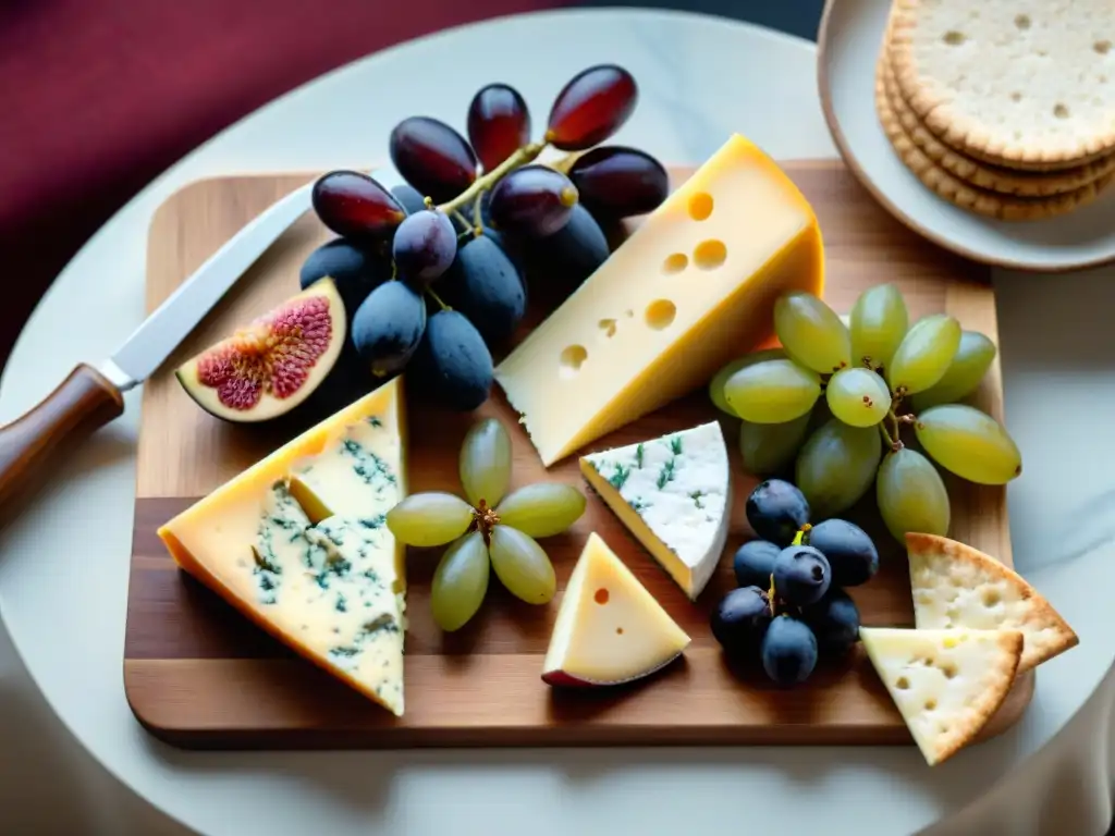 Un exquisito maridaje de quesos y vinos en una tabla de madera, resaltando la química entre sabores y aromas