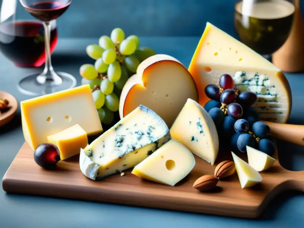 Exquisito maridaje quesos vinos festividades con brie, gouda y blue cheese, frutas frescas y vinos en copas de cristal