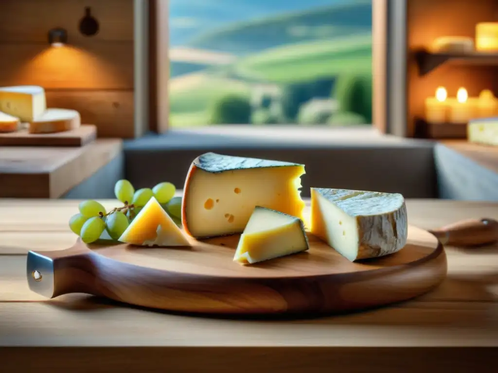 Exquisito maridaje de quesos y vinos en una tabla rústica de madera, decorada con frutas frescas, bajo la luz natural