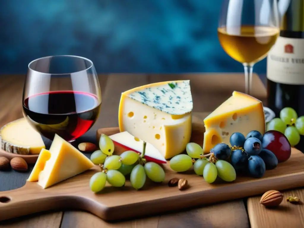 Armonía gastronómica: Tabla de quesos y vinos exquisitamente presentados Un exquisito maridaje de quesos, vinos, frutas y frutos secos en una tabla rústica