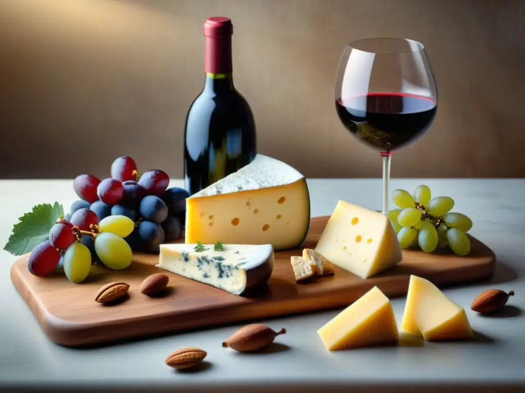 Tablero de quesos y vinos: una experiencia gourmet detallada Un exquisito maridaje de quesos, vinos y delicias en una elegante presentación