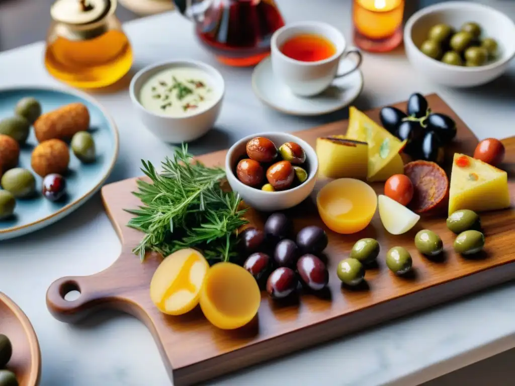 Un exquisito maridaje de tés y tapas: una tabla de madera con coloridas tapas y elegantes teteras de porcelana