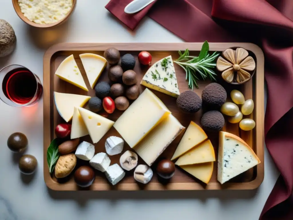 Un exquisito maridaje de trufas, setas y vinos gourmet en una tabla de madera elegante