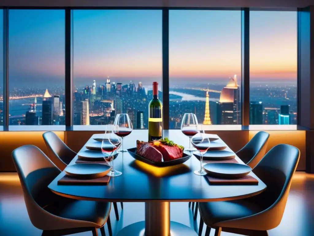 Exquisito maridaje vinos carne gourmet futurista en mesa elegante, iluminación ambiental, vista panorámica ciudad