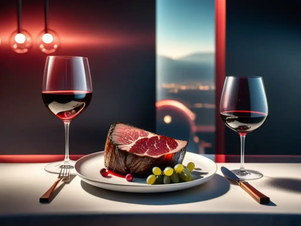 Exquisito maridaje vinos carne gourmet futurista en mesa elegante y futurista