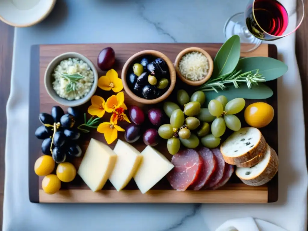 Un exquisito maridaje de vinos y charcutería, con una presentación elegante y colorida