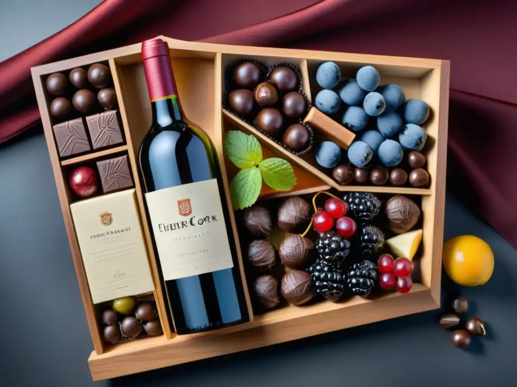 Un exquisito maridaje de vinos y chocolates en una elegante tabla de cata de madera moderna