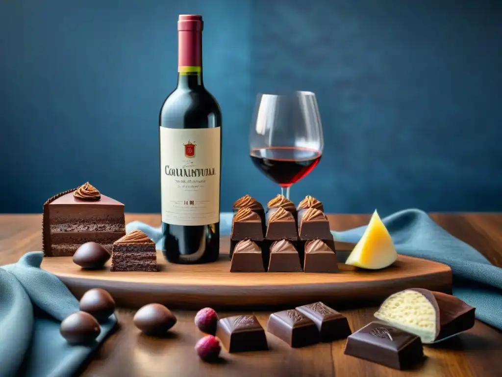 Un exquisito maridaje vinos chocolates artesanales perfecto en una mesa de madera elegante