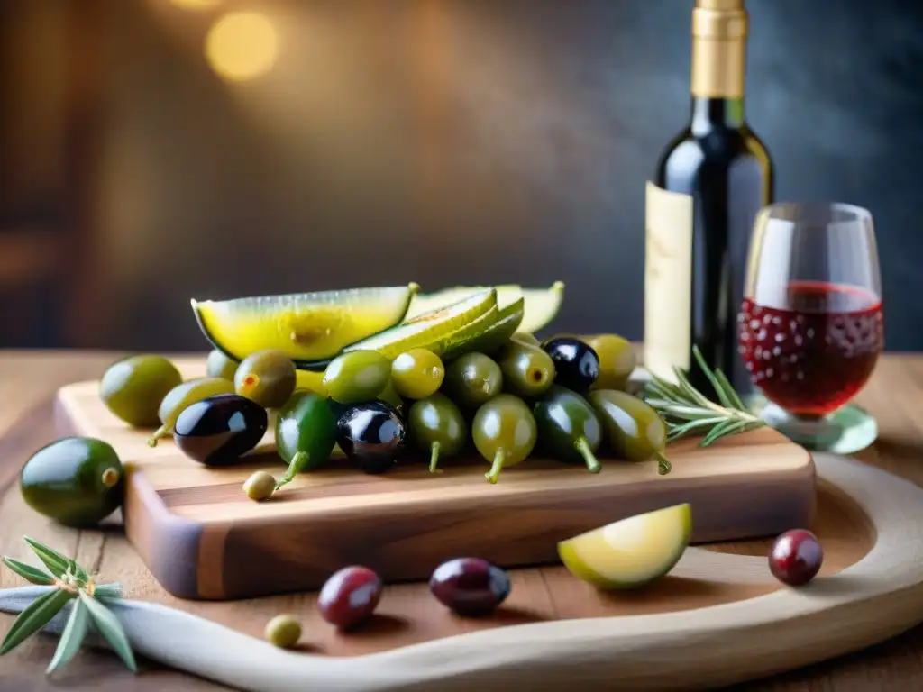 Un exquisito maridaje de vinos y encurtidos gourmet en una tabla de madera finamente decorada