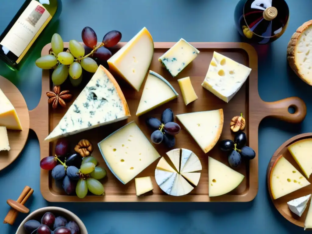 Un exquisito maridaje vinos quesos principiantes gourmet con una tabla de madera rústica rebosante de sabores y colores selectos