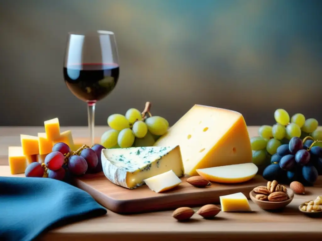 Un exquisito maridaje vinos quesos artesanales experto con brie cremoso, cheddar fuerte y azul tangy, uvas rojas, crackers y frutos secos