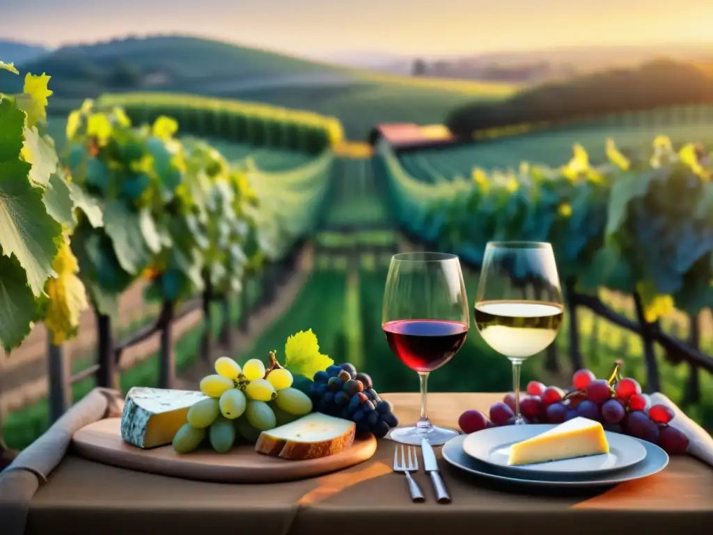 Un exquisito maridaje de vinos regionales y talleres gourmet en una mesa elegante en un viñedo al atardecer