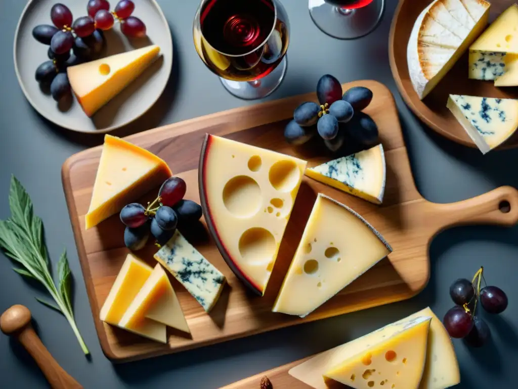 Exquisito maridaje vinos tintos quesos fuertes en tabla de madera elegante