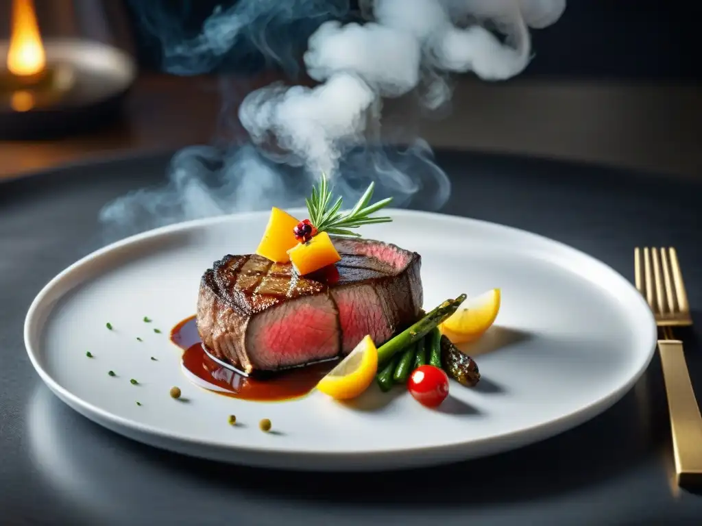 Exquisito menú cocina al vacío eventos: steak jugoso y guarniciones elegantes en un plato decorado con precisión