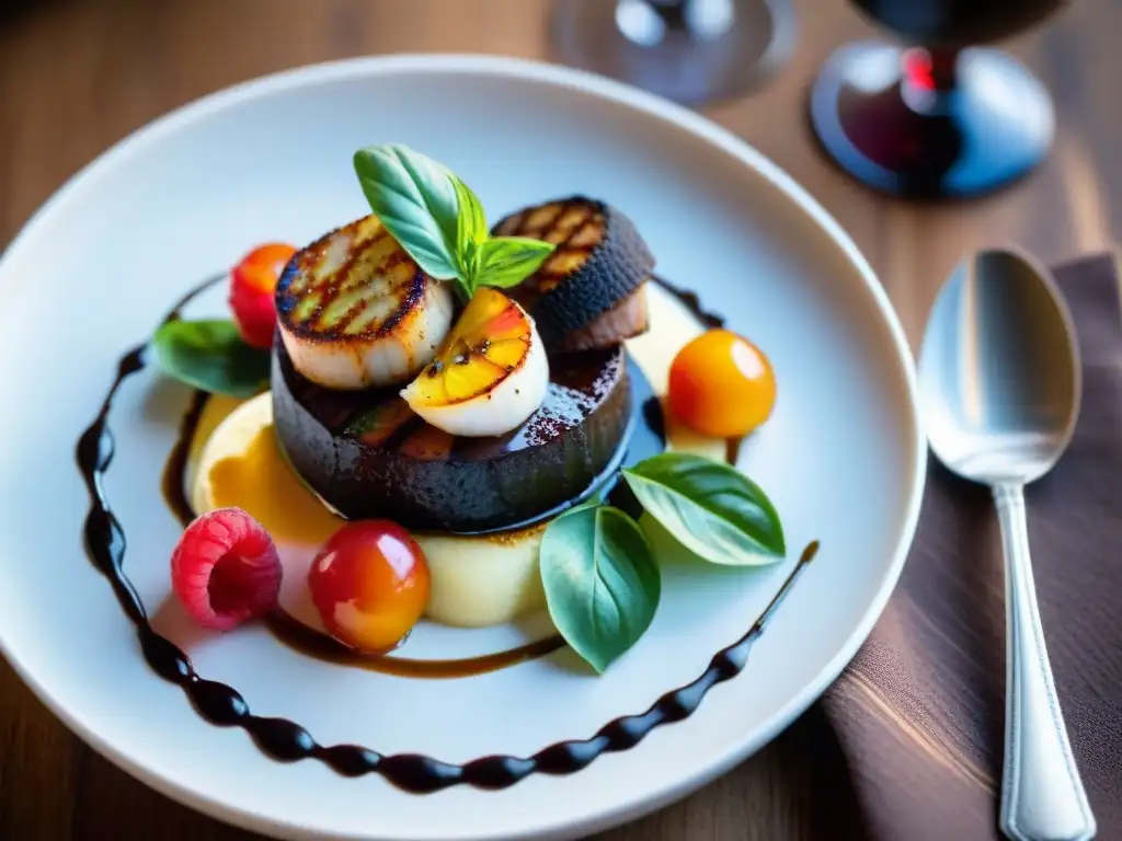 Exquisito menú gourmet con vieiras, ensalada de tomate y pastel de chocolate, creado con Apps para diseñar menús gourmet