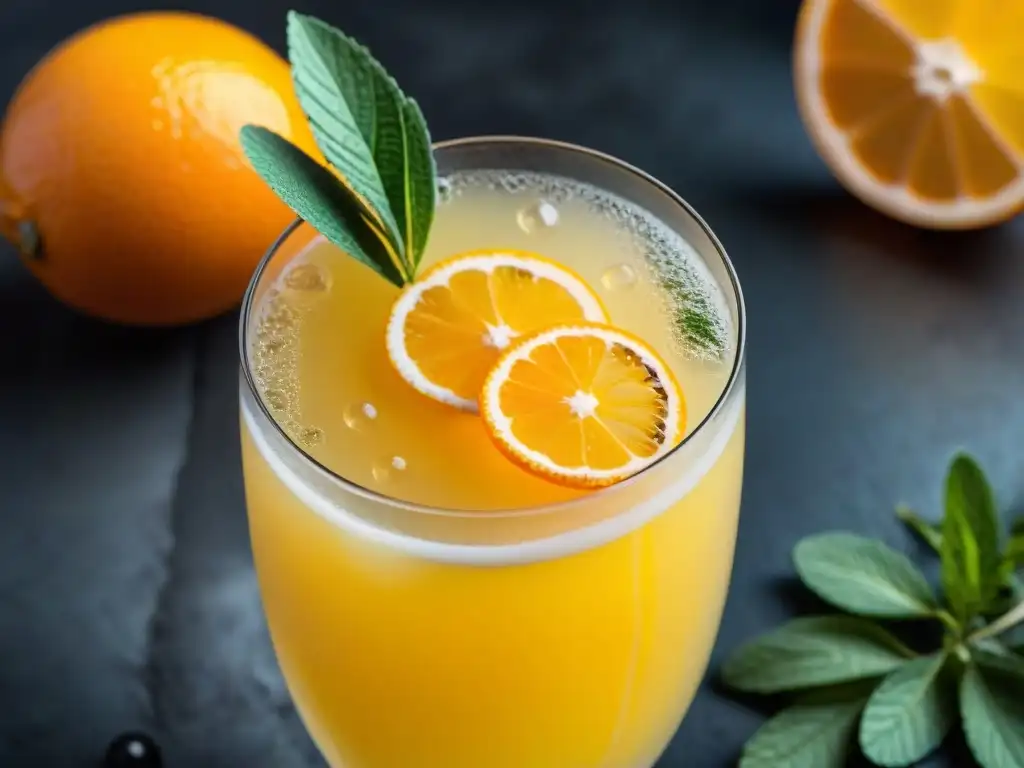 Exquisito mimosa con burbujas, jugo de naranja y decoración de naranja y menta