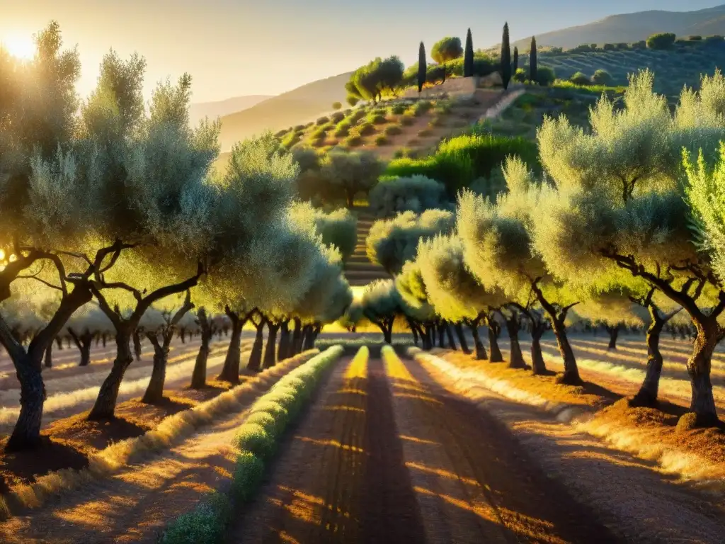 Un exquisito olivar mediterráneo al atardecer, con filas de olivos cargados de aceitunas maduras bajo la cálida luz dorada