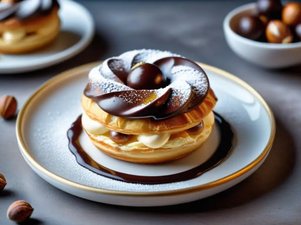 Un exquisito ParisBrest gourmet en elegante plato blanco, con crema praliné, avellanas y salsa de chocolate