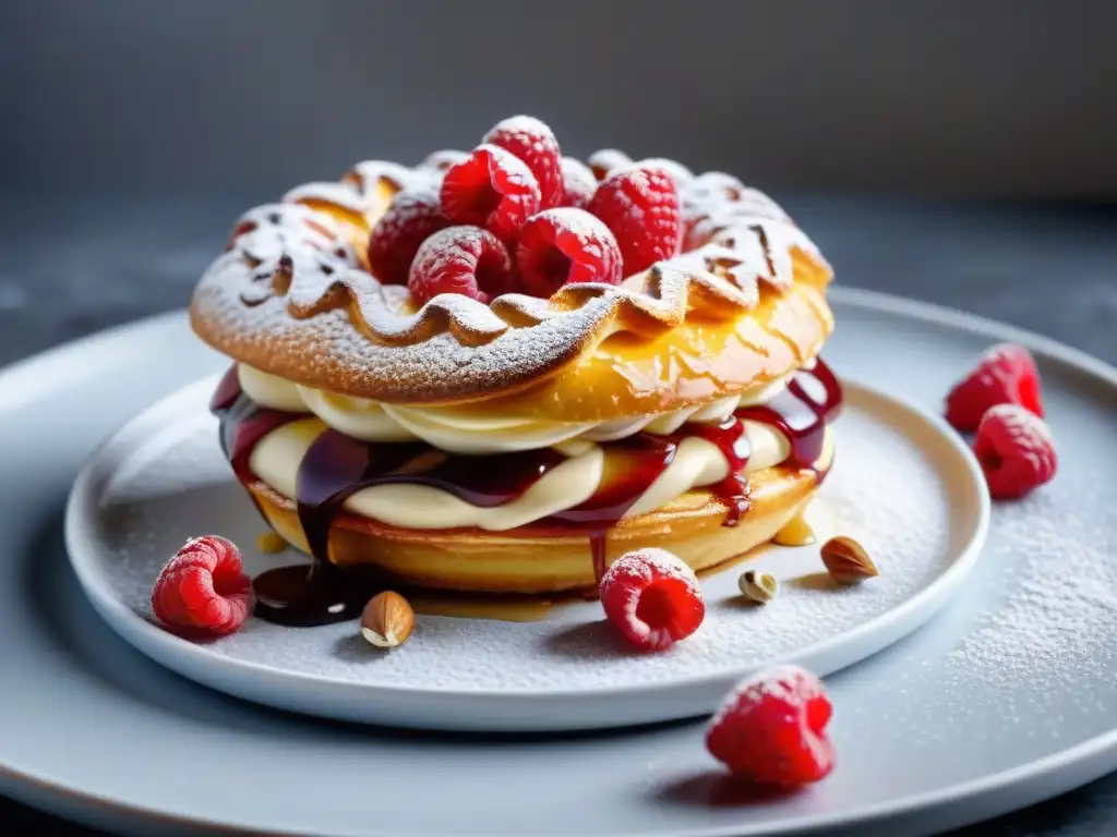 Exquisito ParisBrest gourmet con praliné, frambuesas y caramelo en mármol