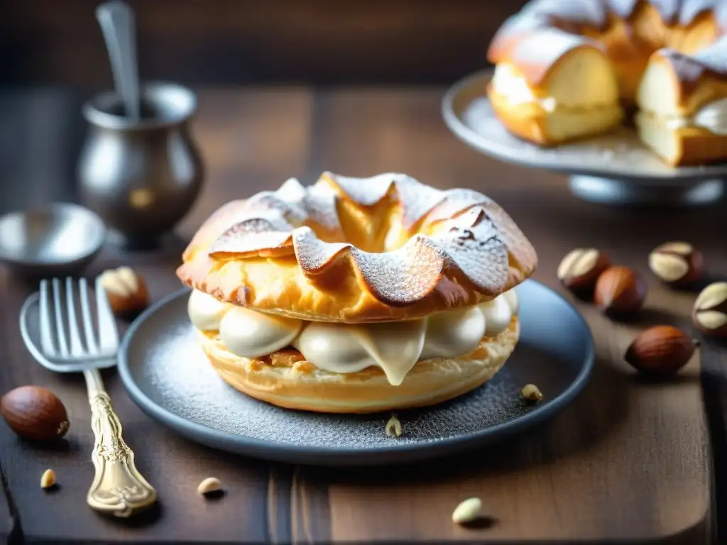 Exquisito ParisBrest gourmet en mesa rústica con almendras y avellanas