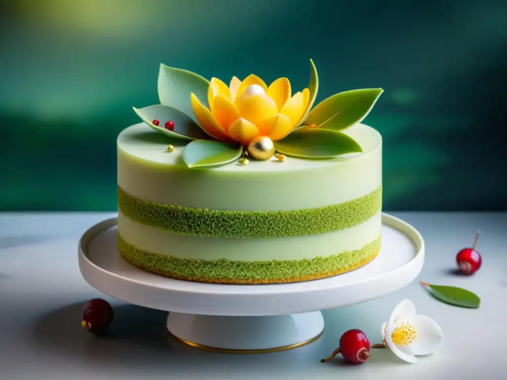 Un exquisito pastel asiático fusionando sabores y técnicas modernas, decorado con detalle en un jardín japonés