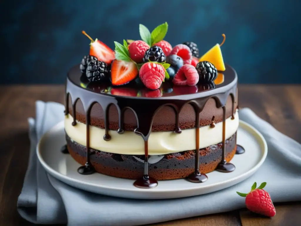 Un exquisito pastel de chocolate bañado en reducción de vinagre balsámico, decorado con frutas frescas