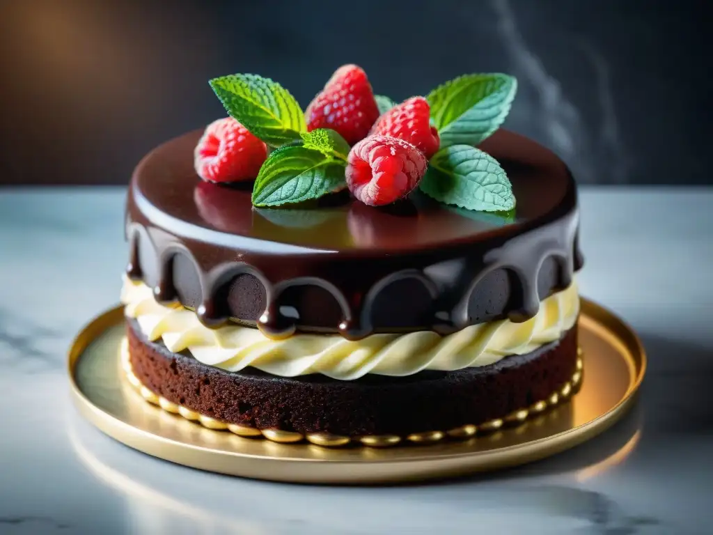 Un exquisito pastel de chocolate, símbolo de lujo y pecado, decorado con ganache brillante, frambuesas frescas y menta
