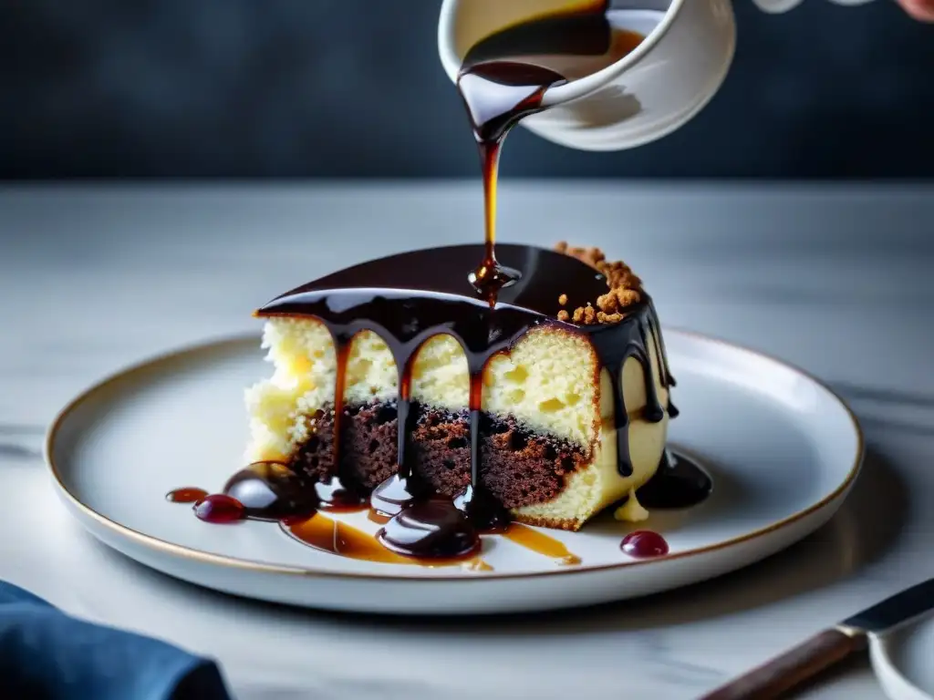 Un exquisito pastel de chocolate con vinagre balsámico en postres, bañado en una reducción brillante y lujosa