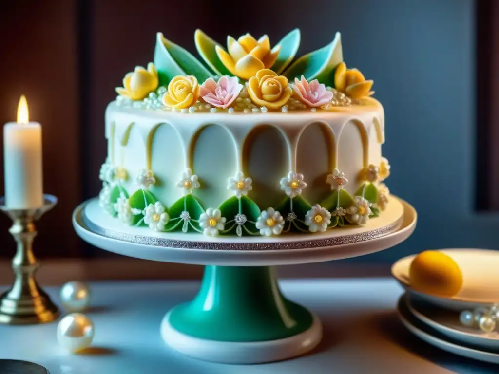 Un exquisito pastel decorado con flores de fondant y detalles intrincados, en un soporte blanco brillante