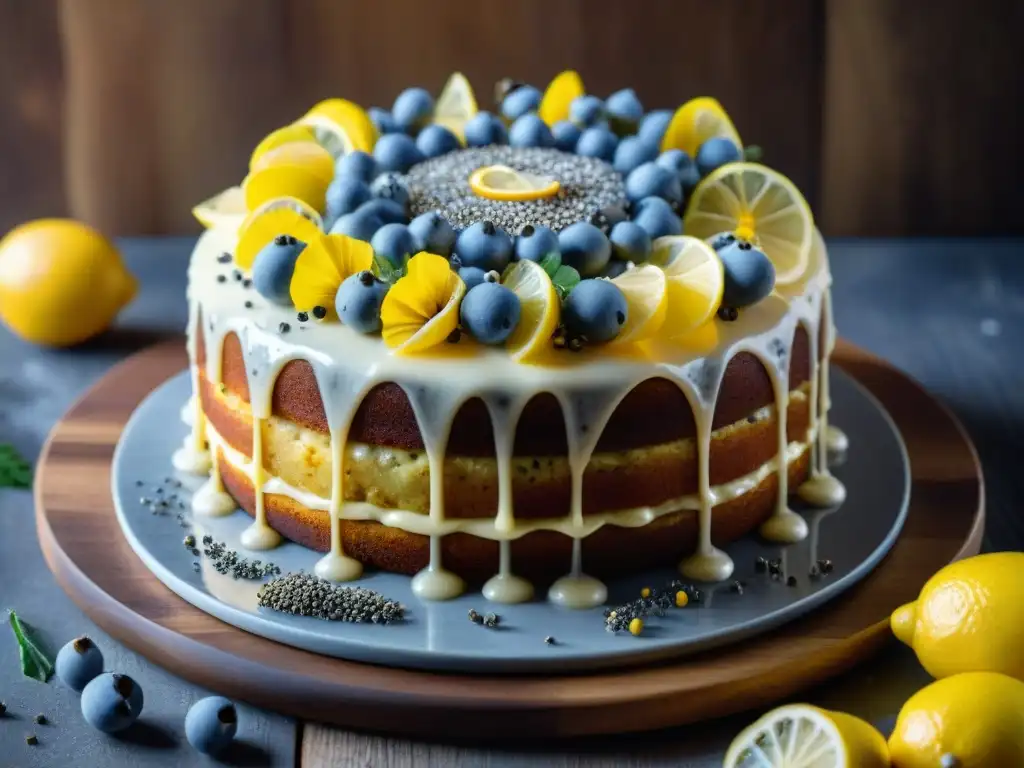 Un exquisito pastel gourmet de limón y amapolas en una mesa rústica con limones y semillas de amapola