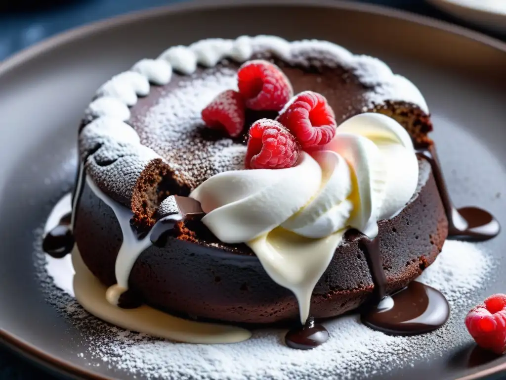 Un exquisito pastel de lava de chocolate, dulces gourmet plan Keto, con crema batida y frambuesas frescas