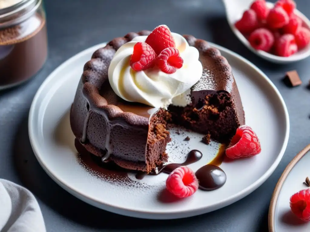 Un exquisito pastel de lava de chocolate keto con crema batida y frambuesas