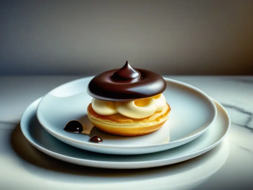 Un exquisito Pastel Religieuse Francés en una delicada presentación sobre porcelana blanca impecable, reflejando elegancia y sofisticación