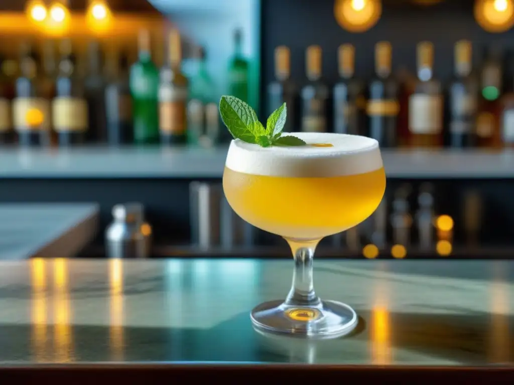 Un exquisito Pisco Sour, con limón, menta y bíters, sobre mármol